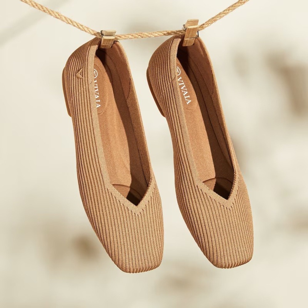 NEW Vivaia Margot 2.0 Square Toe V-Cut Flats Nutmeg Brown Ribbed Size 41